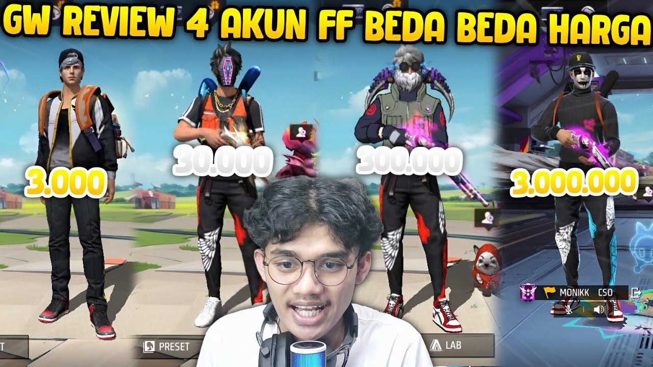 REVIEW AKUN FREE FIRE HARGA 3.000 VS 30.000 VS 300.000 VS 3.000.000 😱