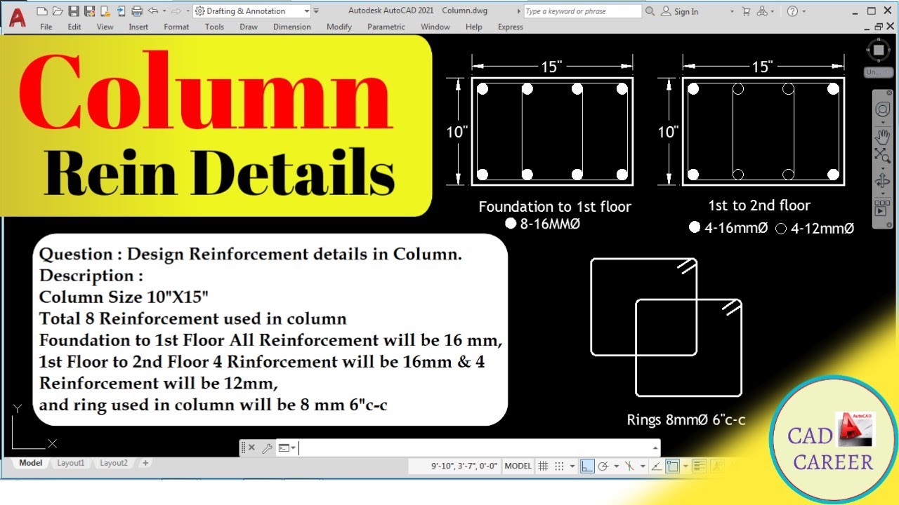 Column Reinforcement Details in Autocad | Structure Design Question  Answer -Exercise #1| CAD CAREER