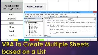 This tutorial explain how to create multiple sheets by using vba code.
creating a loop from list of cells and adding new renaming as per
given v...