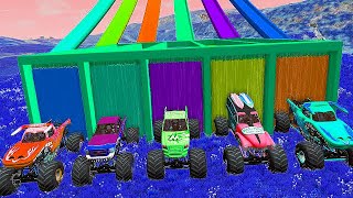 Monster Truck vs Portal Trap Slide Colors • Triple Flatbed Long Trailer Rescue Cars • BeamNG.Drive