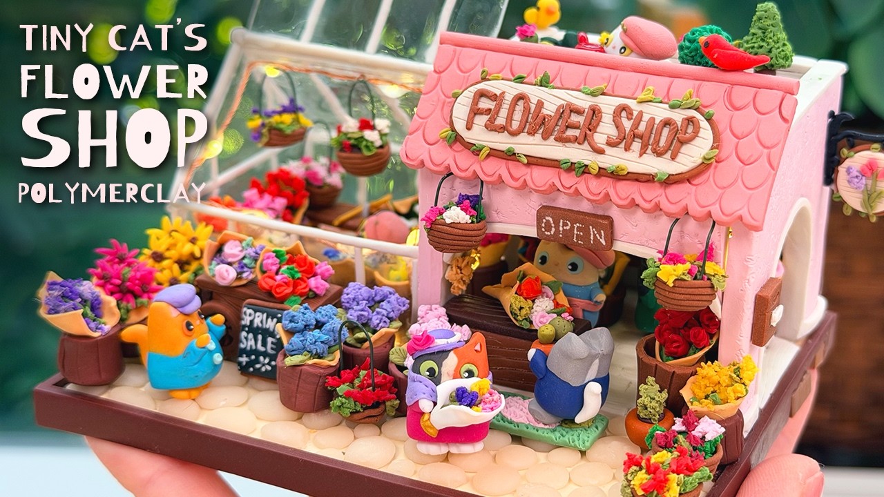 Making🌷Flower Shop🌻Tiny Cat Village🏡with Polymer Clay!