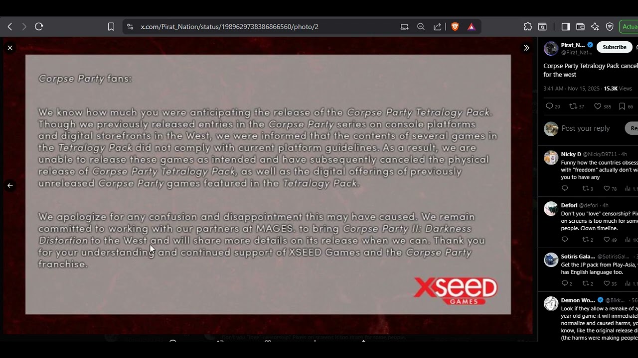 Corpse party tetra pack has been cancelled for the west because platforms demanded censorship