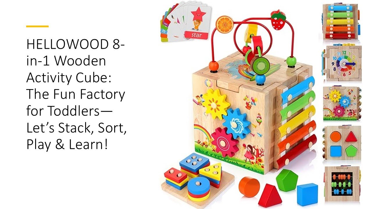 HELLOWOOD 8-in-1 Wooden Activity Cube: The Fun Factory for Toddlers—Let’s Stack, Sort, Play & Learn!