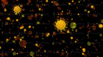 Abstract infected blood with coronavirus COVID 19 bacteria. Animation. Microscope blood infection