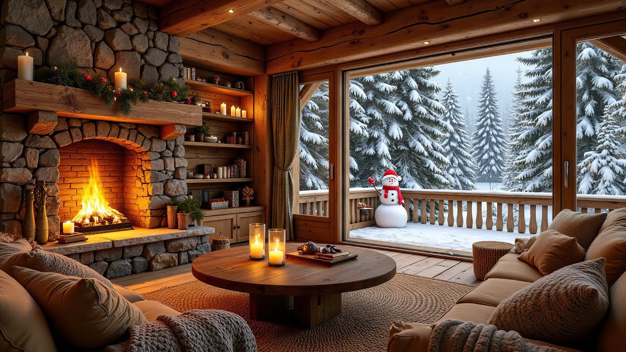 Cozy Winter Cabin Fireplace | Snow Falling Outside | Relax & Unwind