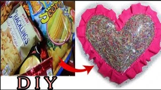 DIY recycled junkfood wrapper into a heart throw pillow| Anaborja vlog