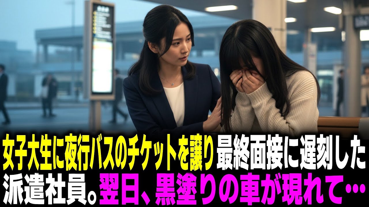 泣いている女子大生に夜行バスのチケットを譲り、最終面接に遅刻した派遣社員。翌日、黒塗りの車が現れて…