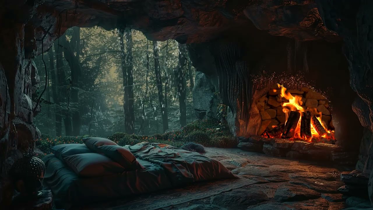 Hidden Cave Rain Shelter  Soft Firelight & Natural Echoes