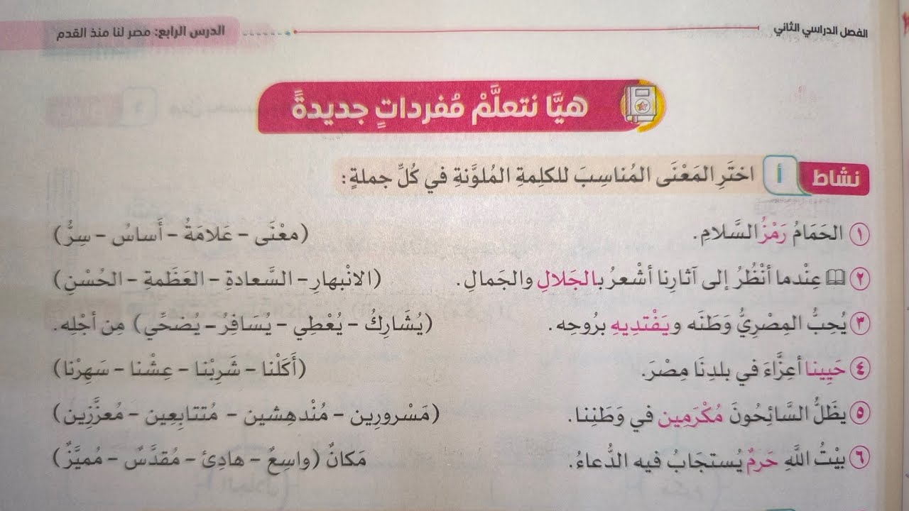 حل أنشطة سلاح التلميذ على نص (مصر لنا منذ القدم) للصف الرابع الابتدائي الفصل الدراسي الثاني 2026
