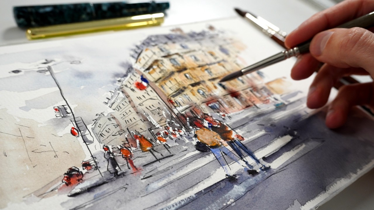 Ink & Watercolor Urban Sketching - art process - no music