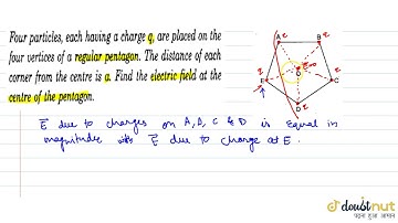 four particles, each having a charge q, are placed on the . foru vertices of a regular pentagon....