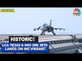 Watch lca tejas  mig29k jets lands on aircraft carrier ins vikrant  visuals  cnbctv18