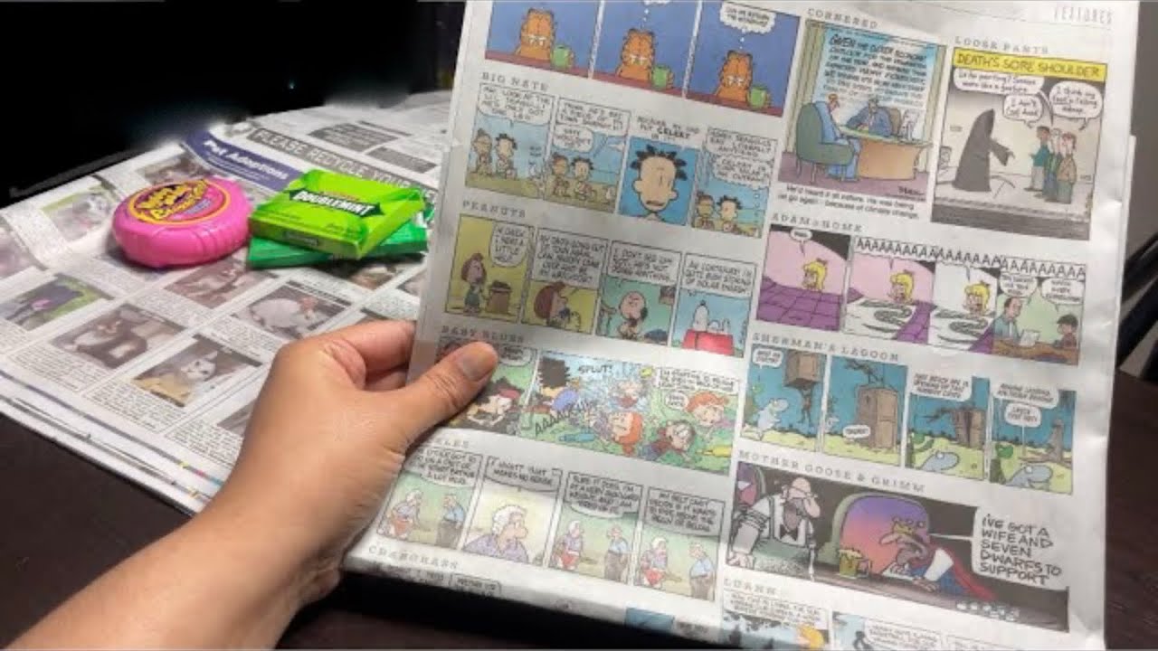 ASMR Reading Newspaper Comic Strips Gum Chewing - Newspaper Sounds - Paper crinkles ~ whisper