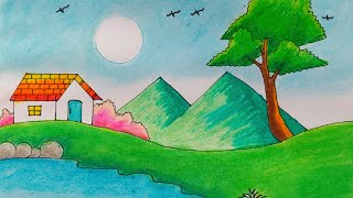 How to Draw Easy Scenery of Mountain | Bridge and River step by step | Simple Nature Drawing.