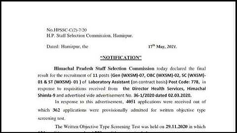 HPSSC final result post code 778 || laboratory Assistant ||
