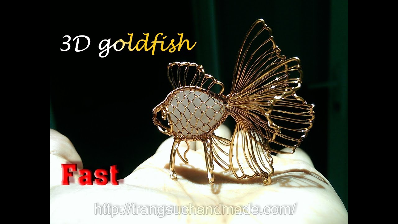 3D goldfish from copper wire and flat teardrop stone - Fast