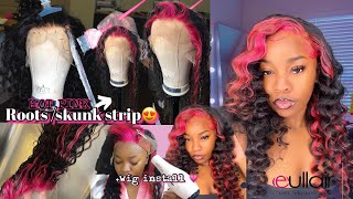 HOW TO : HOT PINK ROOTS /SKUNK STRIP 💗 *Detailed*| Wig install +Wand curls ft. Eullair Hair
