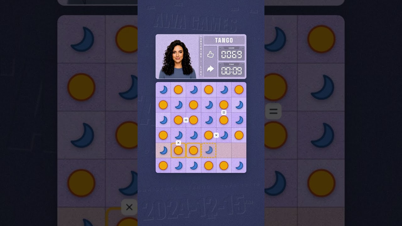 LinkedIn Tango #69 solved board for December 15, 2024, 6x6 grid