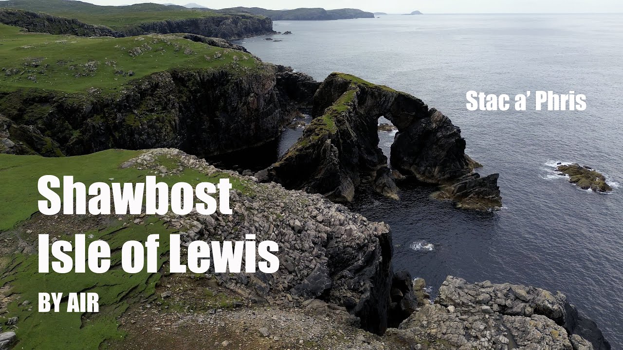 Shawbost, Isle of Lewis. Aerial views of the village of Shawbost. Including Stac a' Phris