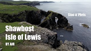 Shawbost, Isle of Lewis. Aerial views of the village of Shawbost. Including Stac a' Phris