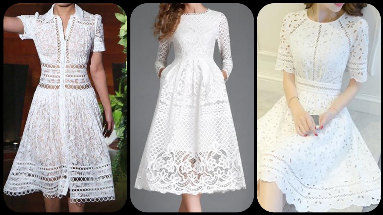 Short sleeve hollow mid _calf pull over plain dreee white lace embalished A_line skater dress