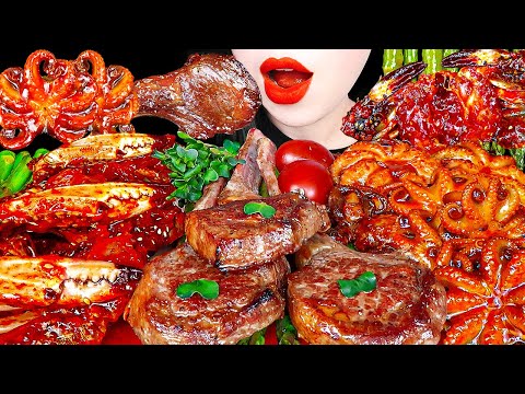 ASMR <strong>SPICY</strong> RAW CRAB, OCTOPUS, LAMB STEAK 양념게장, 매운 쭈꾸미, 양갈비 스테이크 먹방 COOKING &amp;<strong>amp</strong>; EATING SOUNDS MUKBANG