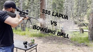 338 Lapua vs Bowling Ball (HIT BY SHRAPNEL)