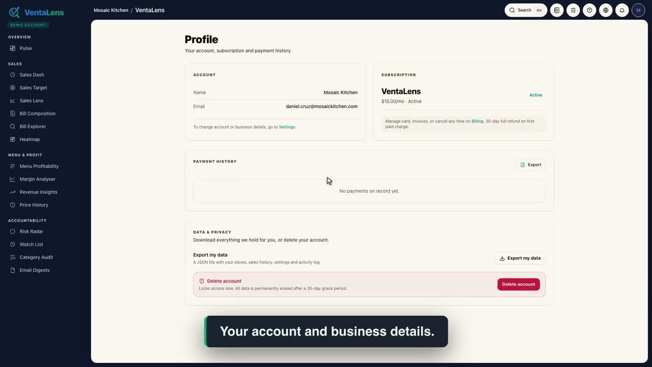 Profile — your account and business