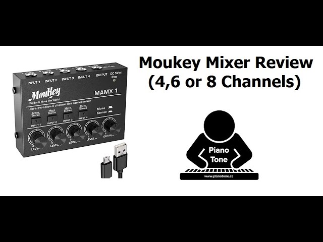 Moukey Mini Audio Mixer Line Mixer, DC 5V, 4-Stereo Ultra, Low-Noise  4-Channel for Sub-Mixing, Ideal for Small Clubs or Bars, As Guitars, Bass