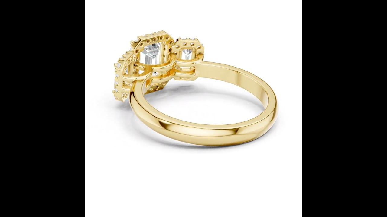 Triple Emerald Cut Diamond Halo Engagement Ring