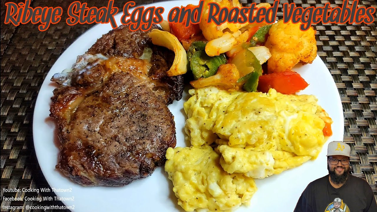 Ribeye Steak Eggs and Roasted Vegetables Air Fryer Keto Low Carb