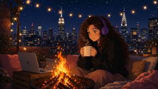 Cozy NYC Rooftop Lofi 🔥 Bonfire & City Lights Music for Coding, Focus & Late Night Work