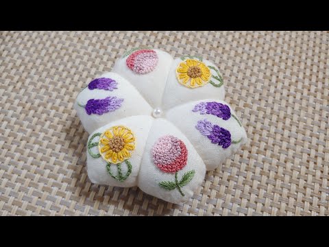 [프랑스 자수] 꽃자수 핀쿠션  Pin cushion/해바라기,수국,라벤더/도안제공 Provide design/embroidery for beginners