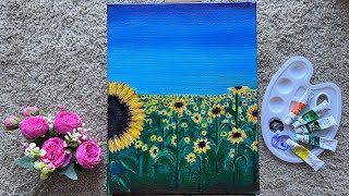 Sunflower Field and blue sky Painting using Acrylics on Canvas | Landscape Painting @finearts_01