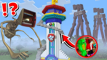 JJ and Mikey Paw Patrol Tower vs MEGAHORN and SIREN HEAD! BUILD CHALLENGE in Minecraft / Maizen