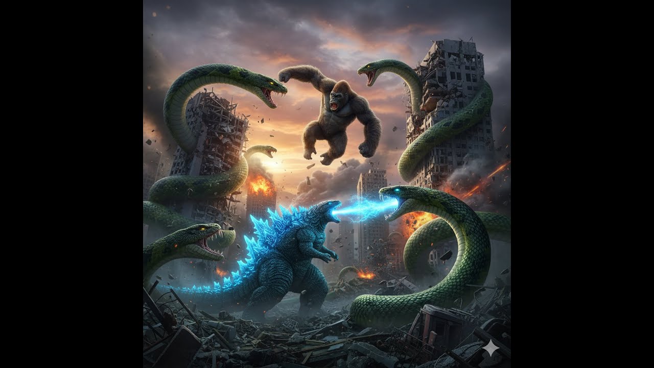 King Kong and Godzilla vs. Giant Python Snakes as the Fight Spreads to the City