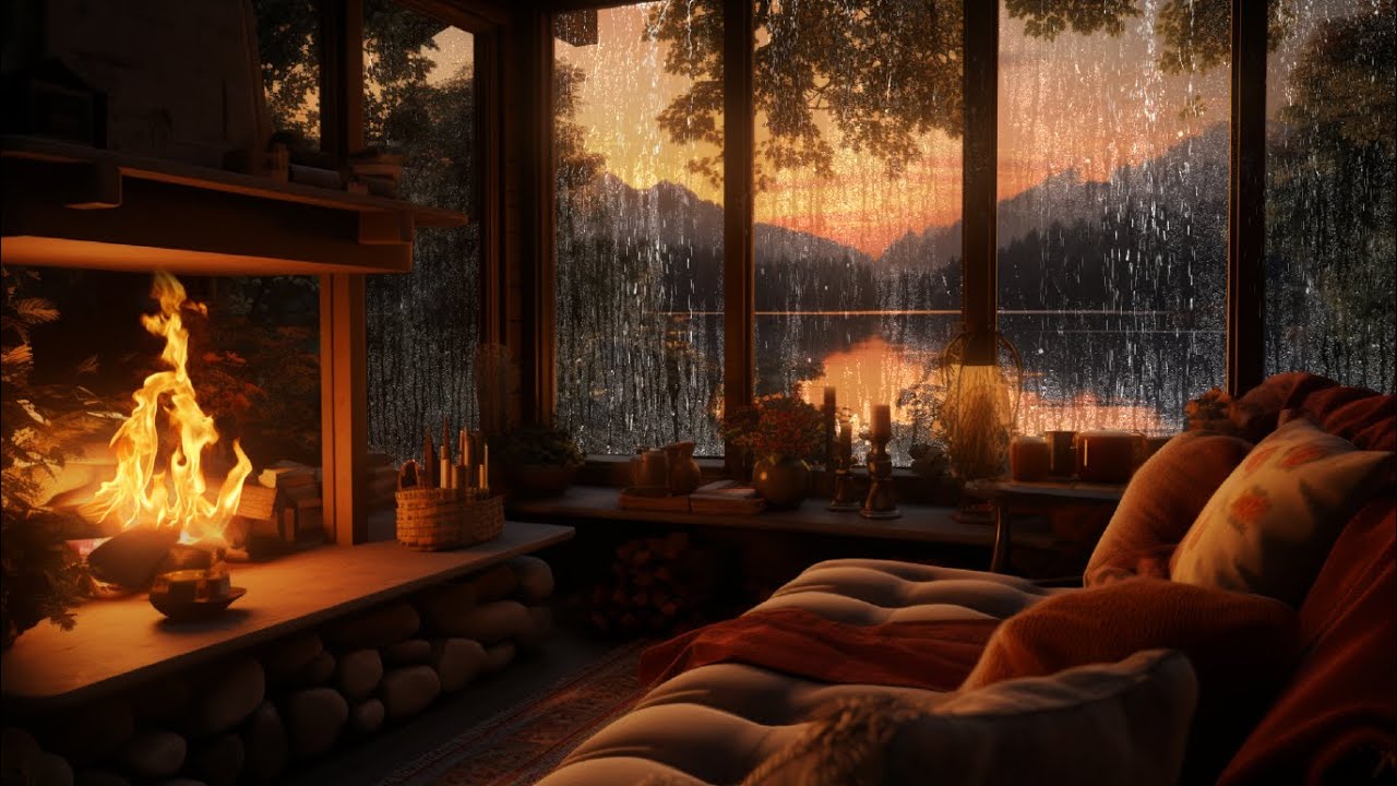 Уютная атмосфера в номере🔥| Уснуть за 5 минут! Звуки дождя с камином для сна