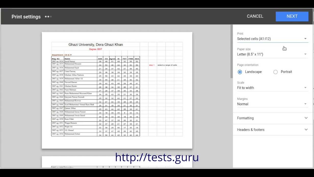Print selected - Google Sheets