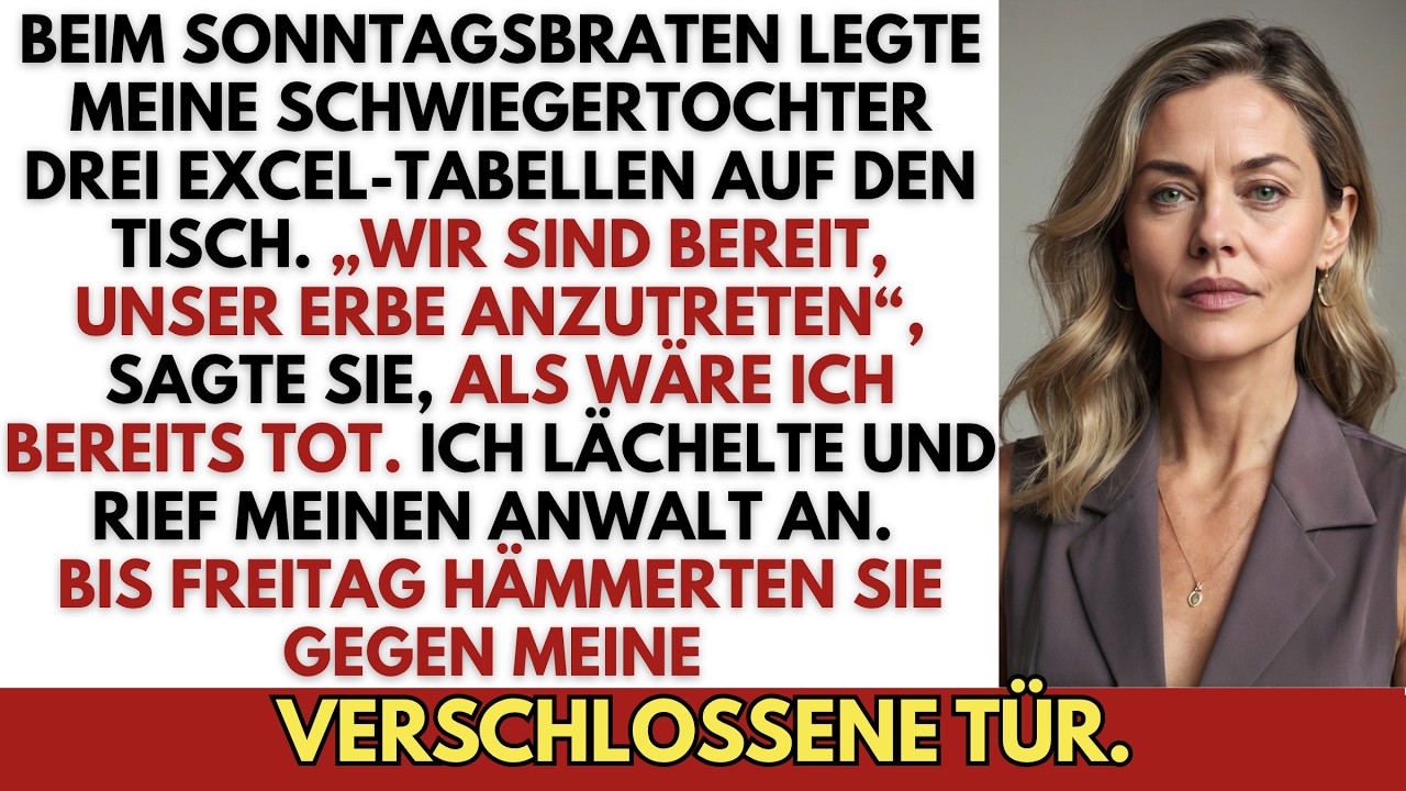 Beim Sonntagsbraten legte meine Schwiegertochter drei ausgedruckte Excel-Tabellen neben den Teller und verkündete: „Wir sind bereit, unser Erbe anzutreten“ – als wäre ich schon unter der Erde....