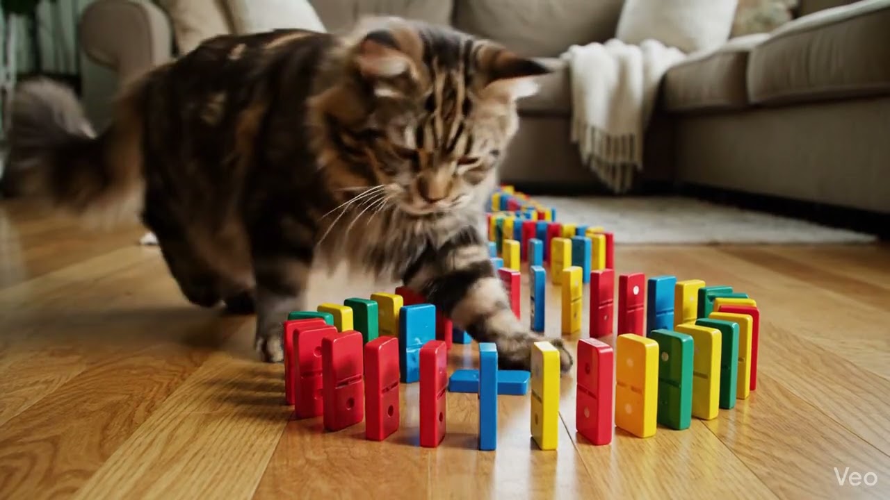 The cat actually knocked over the dominoes!