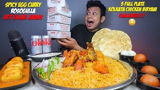 5 Full Plate Kolkata Chicken Biryani with Spicy Egg Curry, Raita, Papad, Rosogulla & Gulab Jamun