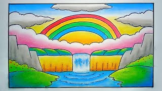 Menggambar pemandangan yang mudah - gambar pemandangan air terjun dan pelangi Menggambar pemandangan yang mudah - gambar pemandangan air terjun dan pelangi