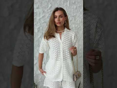 Жіночий в’язаний костюм шорти та сорочка ажурний літній комплект бавовна 42-46, видео 2