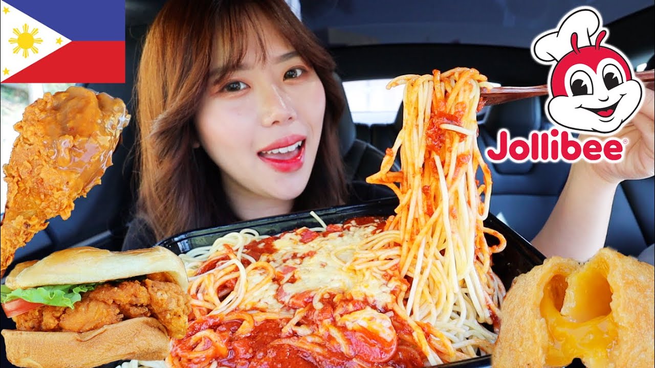 JOLLIBEE FILIPINO FAST FOOD MUKBANG 먹방 SPICY Chicken Sandwich, Spaghetti, Fried Chicken, Mango Pie