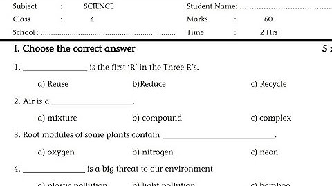 4th standard science annual exam original question paper / english medium / 4the std science term 3