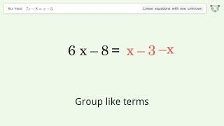 Linear equation with one unknown: Solve 7x-8=x-3 step-by-step solution