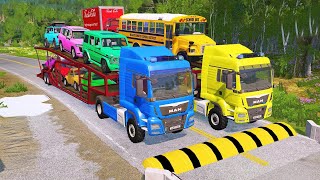 Double Flatbed Trailer Truck vs Speedbumps Train vs Cars | Tractor vs Train Beamng.Drive || 259