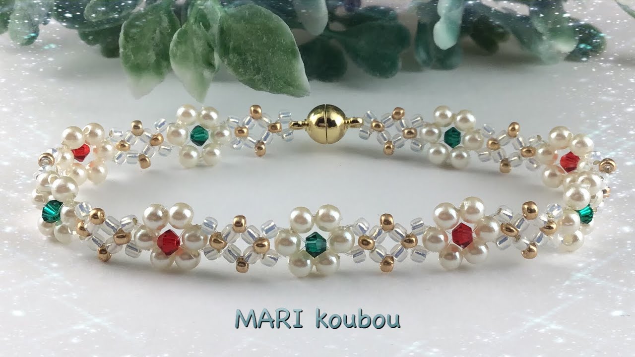 🎄クリスマスカラーの小花のブレスレットの作り方〜Flower bracelet with Christmas colors