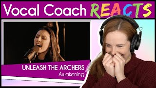 Vocal Coach reacts to Unleash the Archers - Awakening (Brittney Slayes Live)