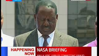 NASA leader Raila Odinga addressing the media asking for action to be taken on the IEBC officials